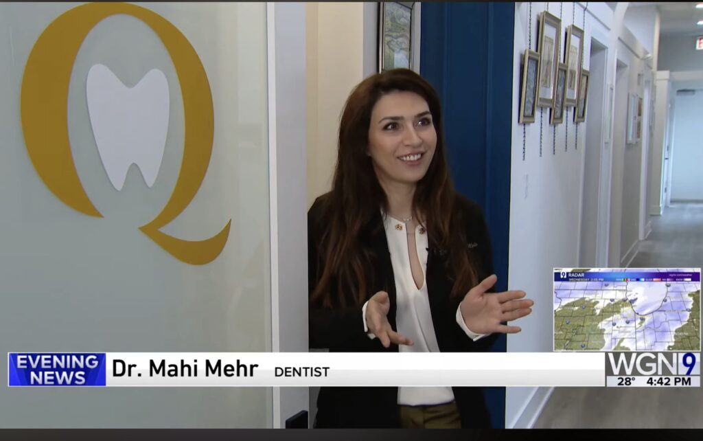 Dr. Mahi Mehr Featured on WGN News – DentalQ Chicago Dr. Mahi Mehr interviewed on WGN News at DentalQ’s Chicago office, highlighting her expertise as a top dentist in Lincoln Park and the South Loop.